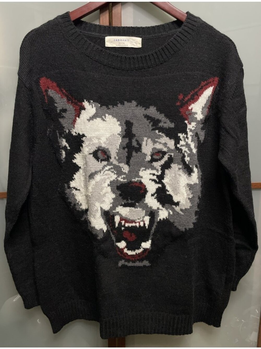 Zara Vintage Mens Medium Wolf Bold Graphic Long Sleeve Black Knit Sweater Rare